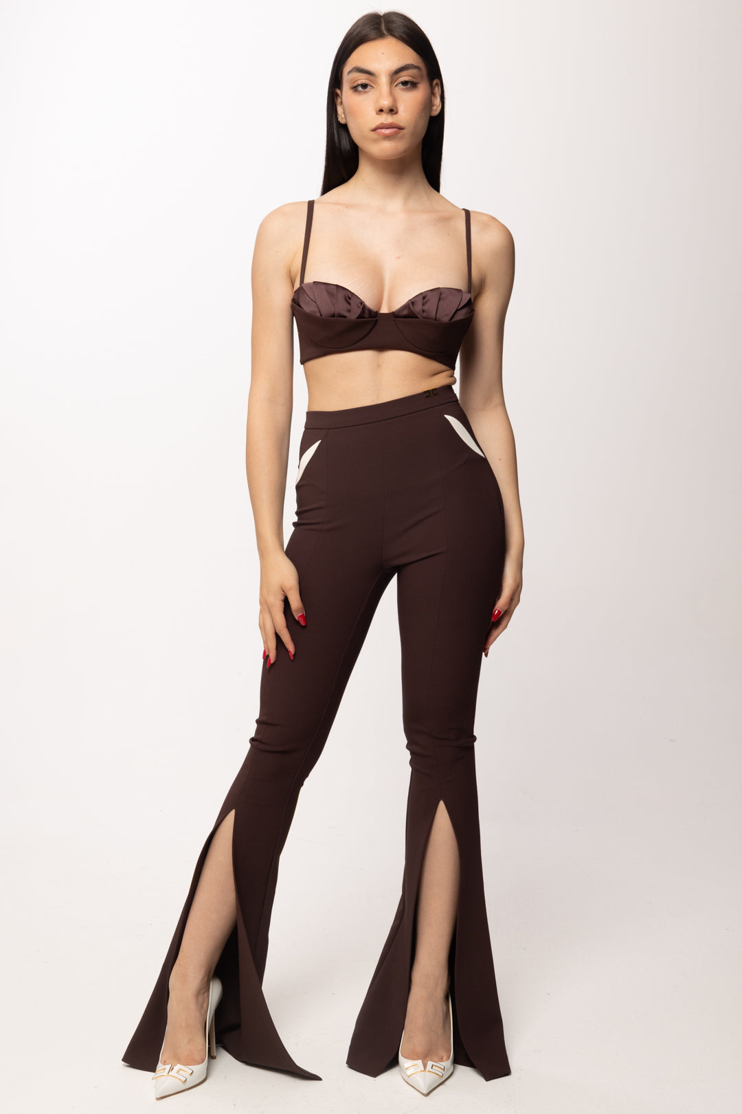 Elisabetta Franchi Pantaloni flare con spacco frontale PA15961E2 CACAO/BURRO