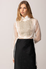 Elisabetta Franchi Pettorina In Organza con Cristalli e Criss-cross TO04257E2 AVORIO