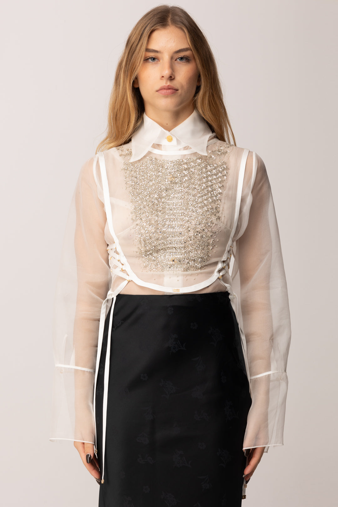 Elisabetta Franchi Pettorina In Organza con Cristalli e Criss-cross TO04257E2 AVORIO