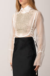 Elisabetta Franchi Pettorina In Organza con Cristalli e Criss-cross TO04257E2 AVORIO