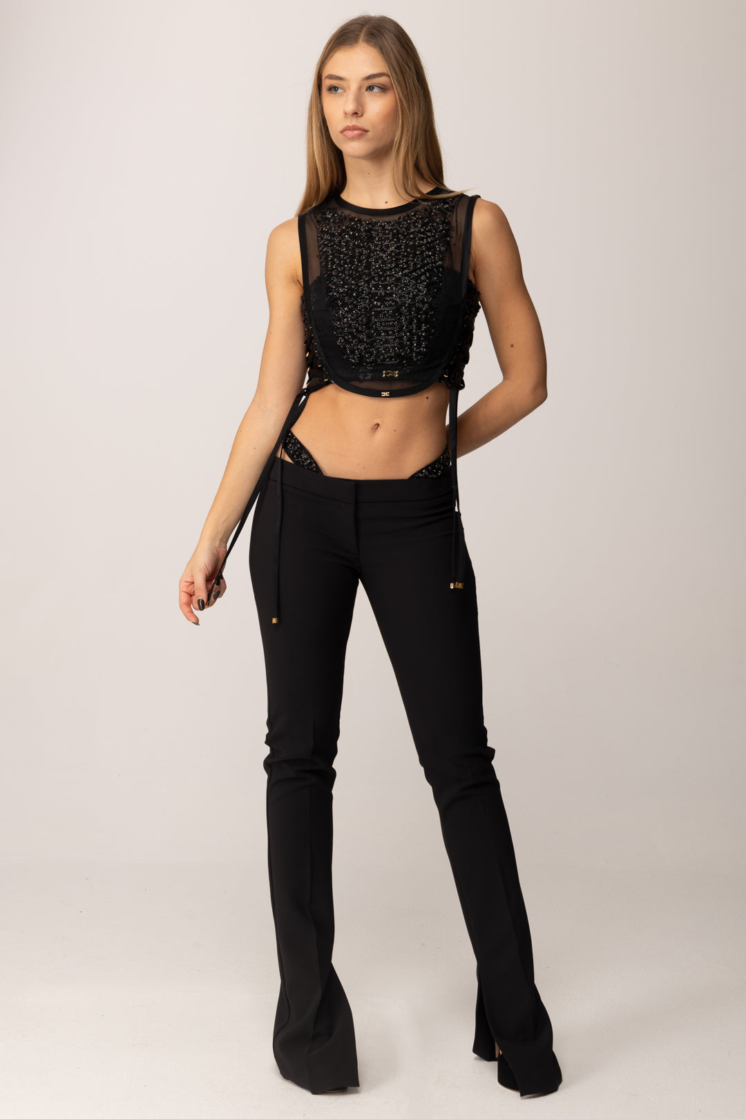 Elisabetta Franchi Pettorina In Organza con Cristalli e Criss-cross TO04257E2 NERO