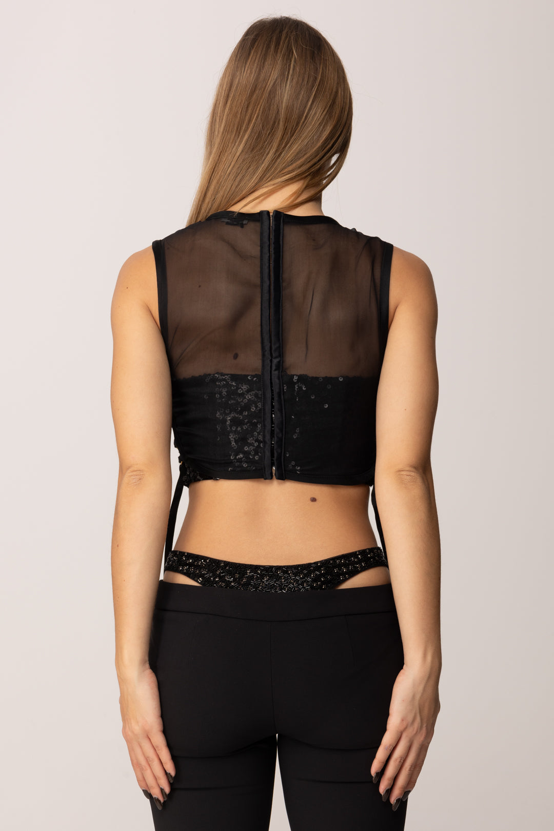 Elisabetta Franchi Pettorina In Organza con Cristalli e Criss-cross TO04257E2 NERO