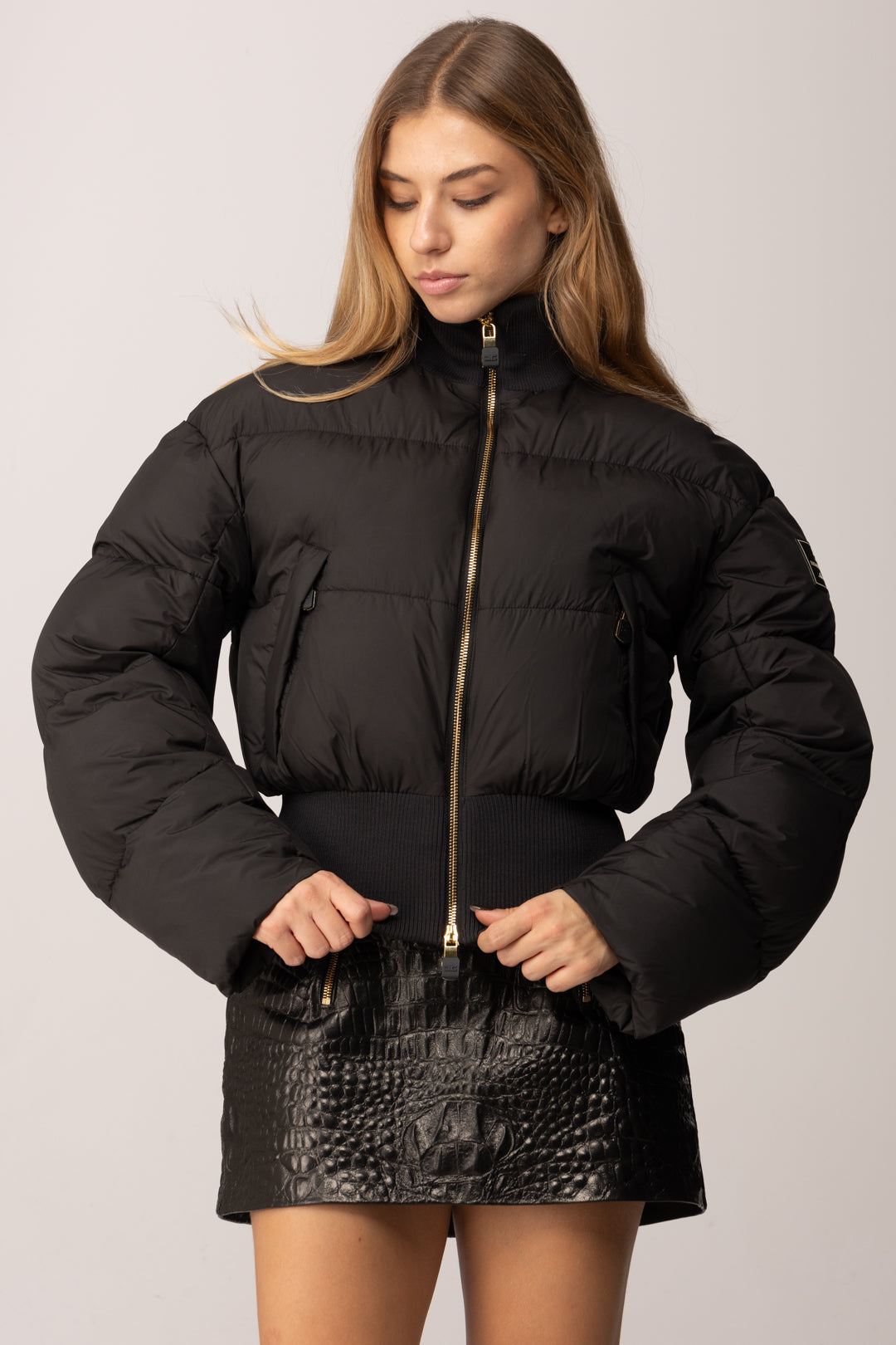 Elisabetta Franchi Piumino Corto In Tessuto Tecnico e Costine PI85D56E2 NERO