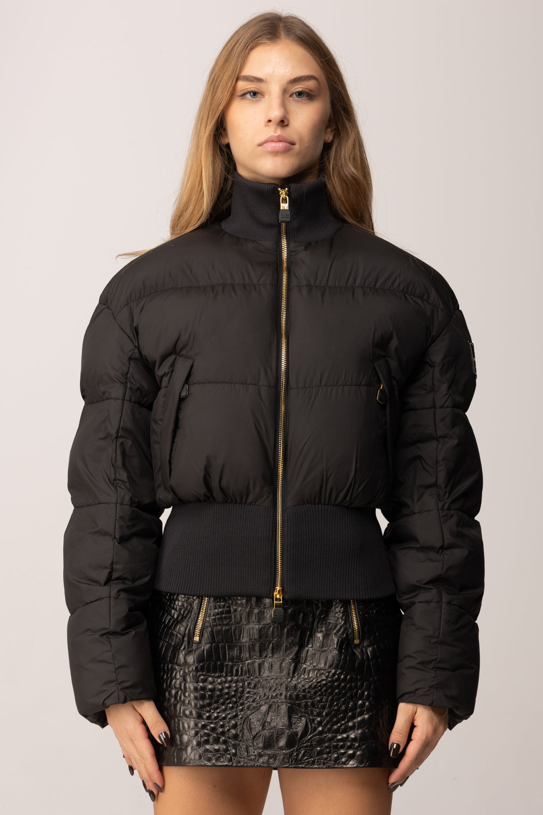 Elisabetta Franchi Piumino Corto In Tessuto Tecnico e Costine PI85D56E2 NERO