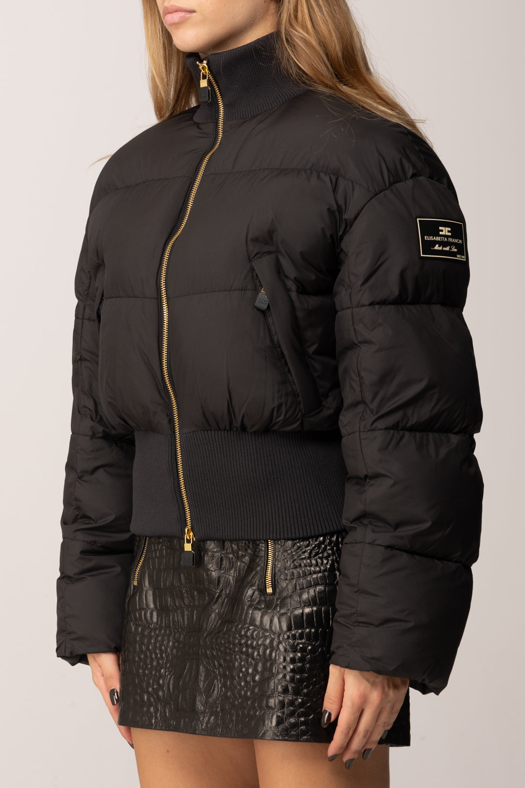 Elisabetta Franchi Piumino Corto In Tessuto Tecnico e Costine PI85D56E2 NERO