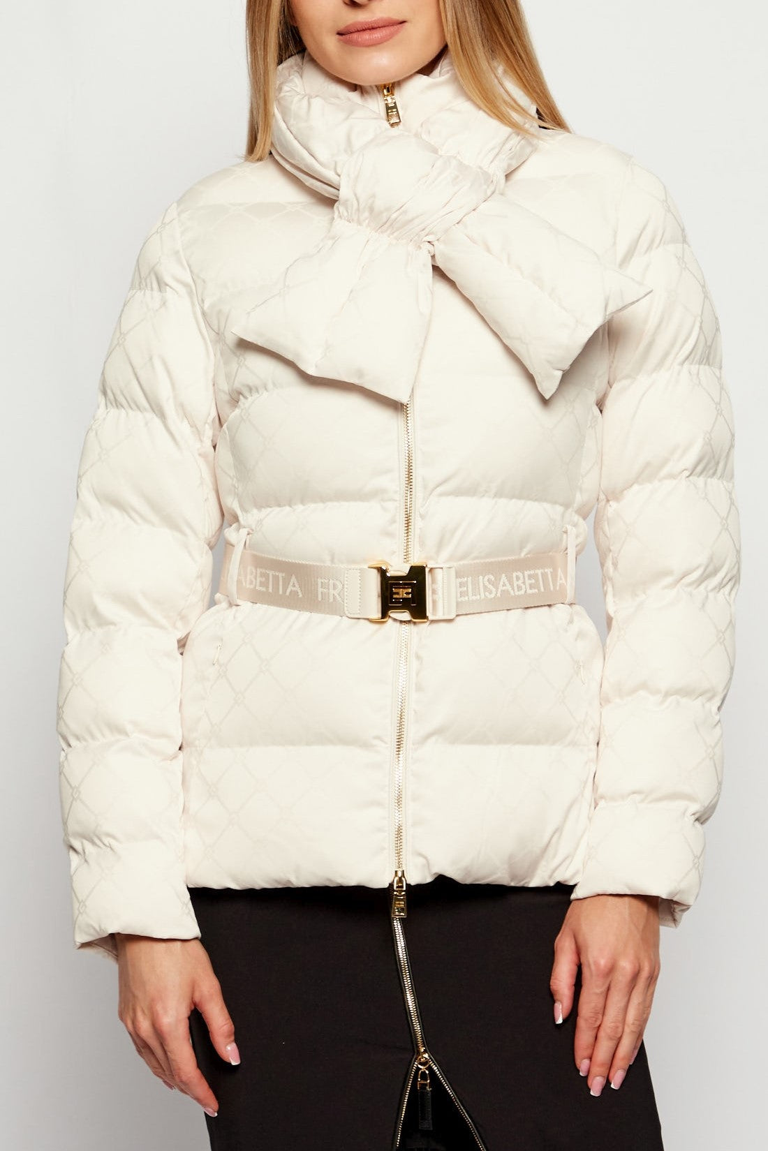 Elisabetta Franchi Piumino In Vela Jacquard con Fiocco e Cintura MILK PI83D56E2