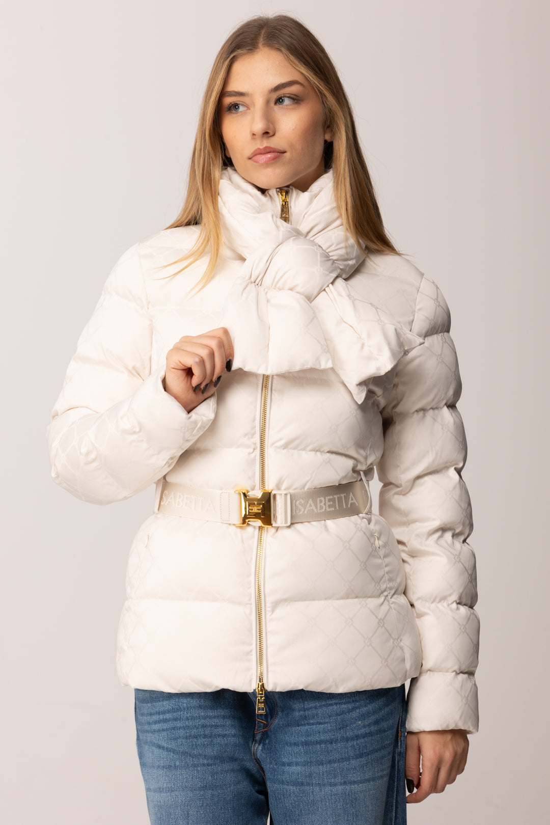 Elisabetta Franchi Piumino In Vela Jacquard con Fiocco e Cintura MILK PI83D56E2