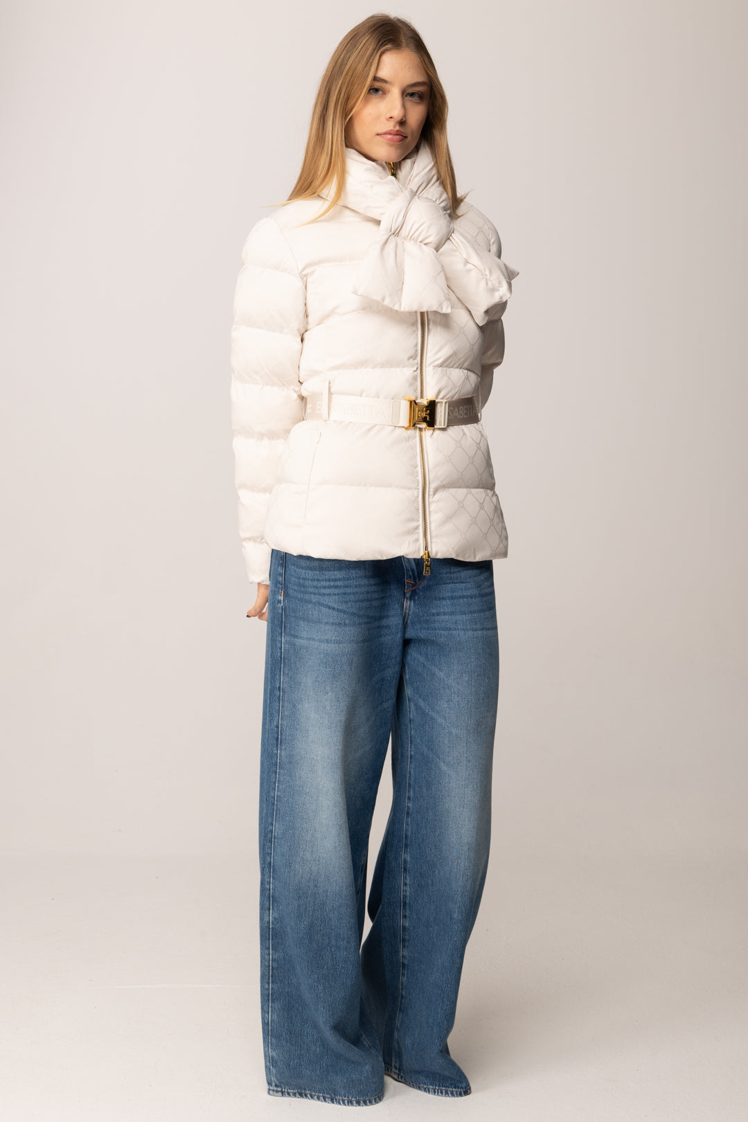 Elisabetta Franchi Piumino In Vela Jacquard con Fiocco e Cintura MILK PI83D56E2