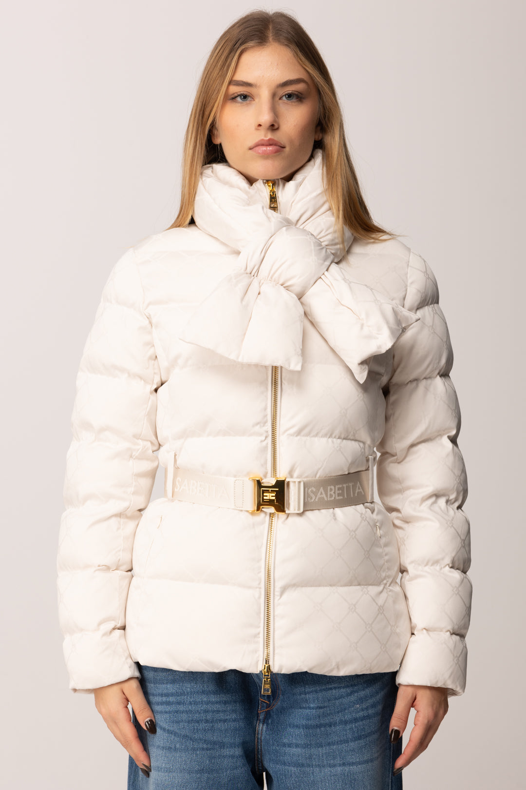 Elisabetta Franchi Piumino In Vela Jacquard con Fiocco e Cintura MILK PI83D56E2