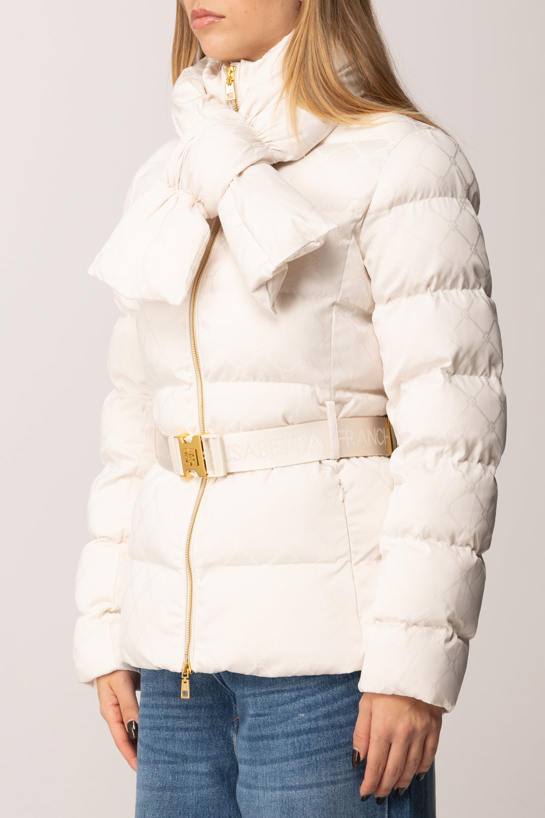 Elisabetta Franchi Piumino In Vela Jacquard con Fiocco e Cintura MILK PI83D56E2