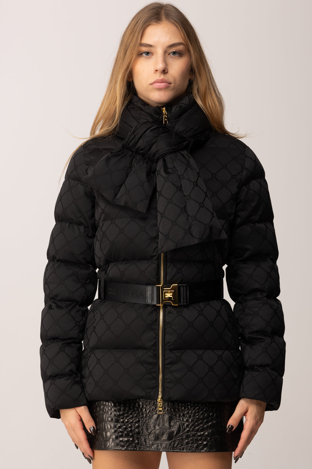 Elisabetta Franchi Piumino In Vela Jacquard con Fiocco e Cintura PI83D56E2 NERO