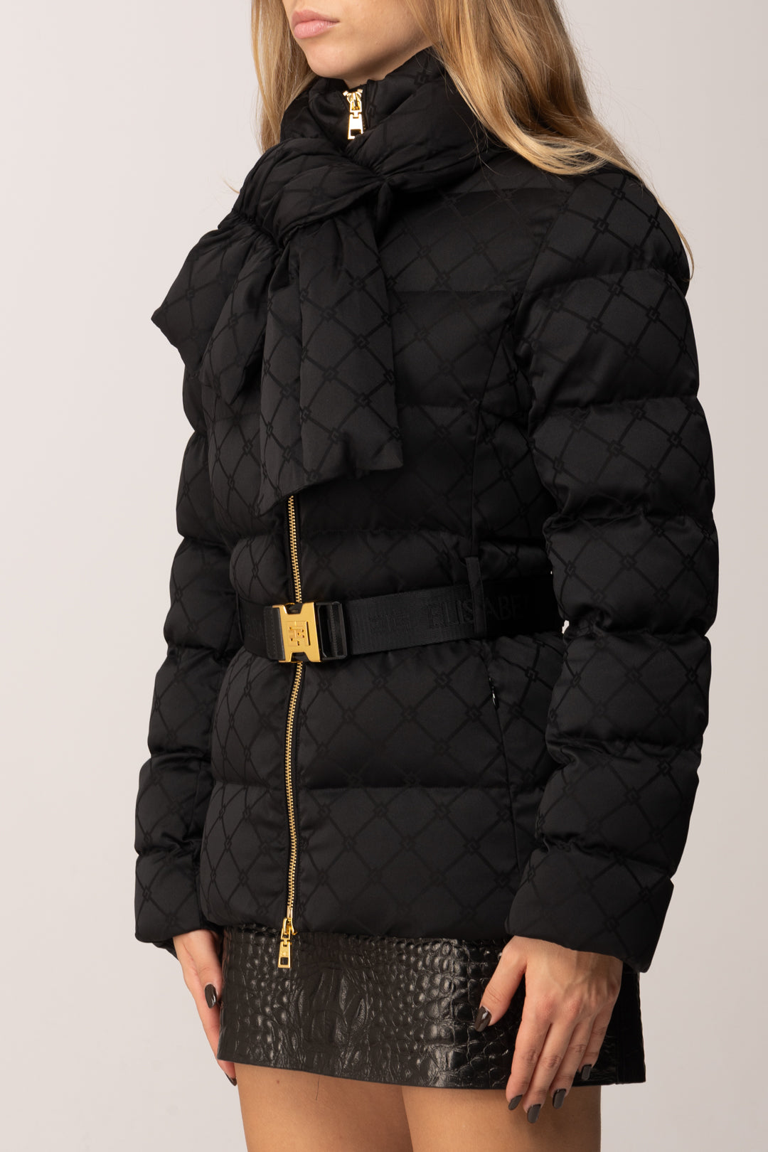 Elisabetta Franchi Piumino In Vela Jacquard con Fiocco e Cintura PI83D56E2 NERO