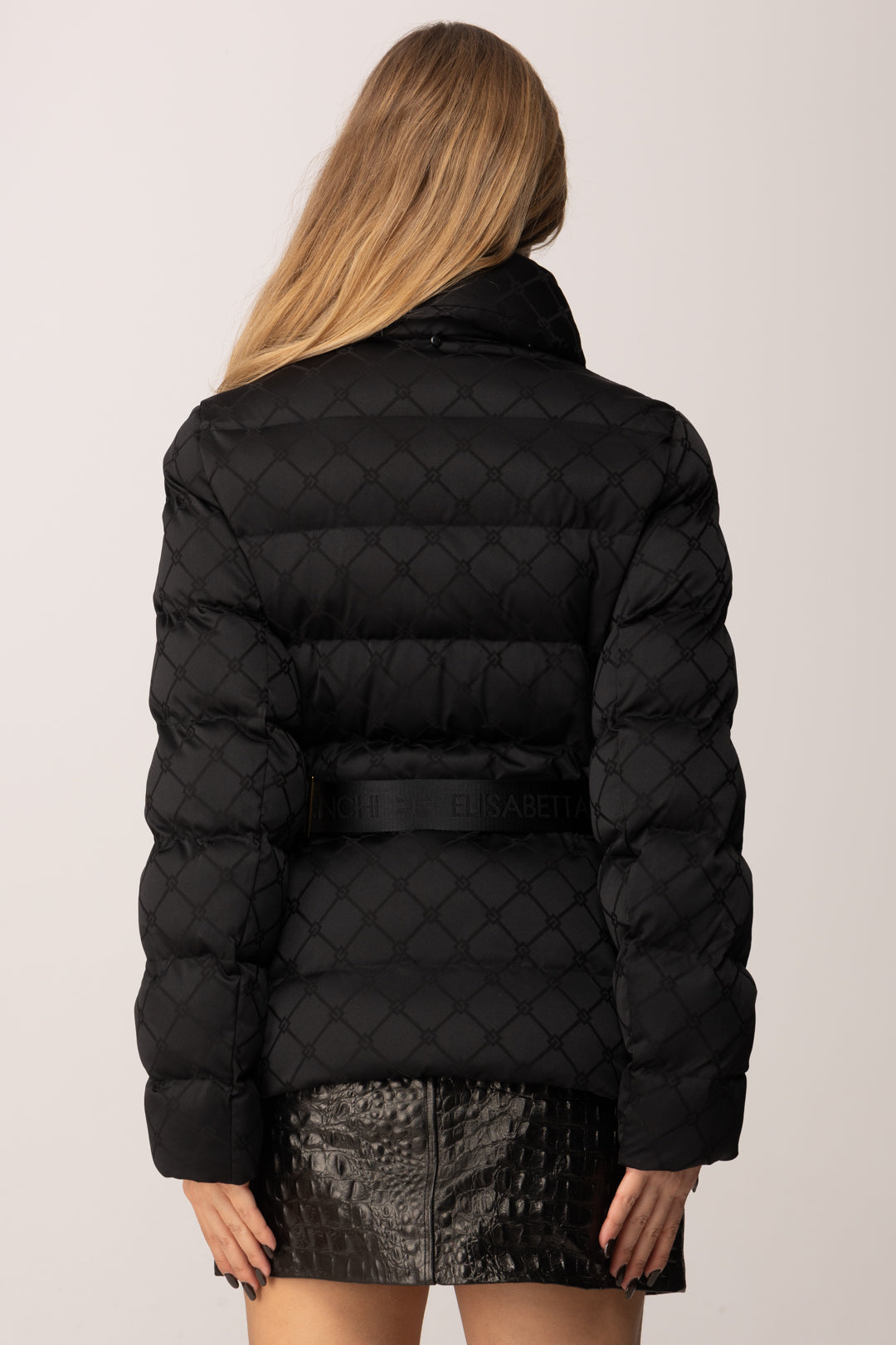 Elisabetta Franchi Piumino In Vela Jacquard con Fiocco e Cintura PI83D56E2 NERO