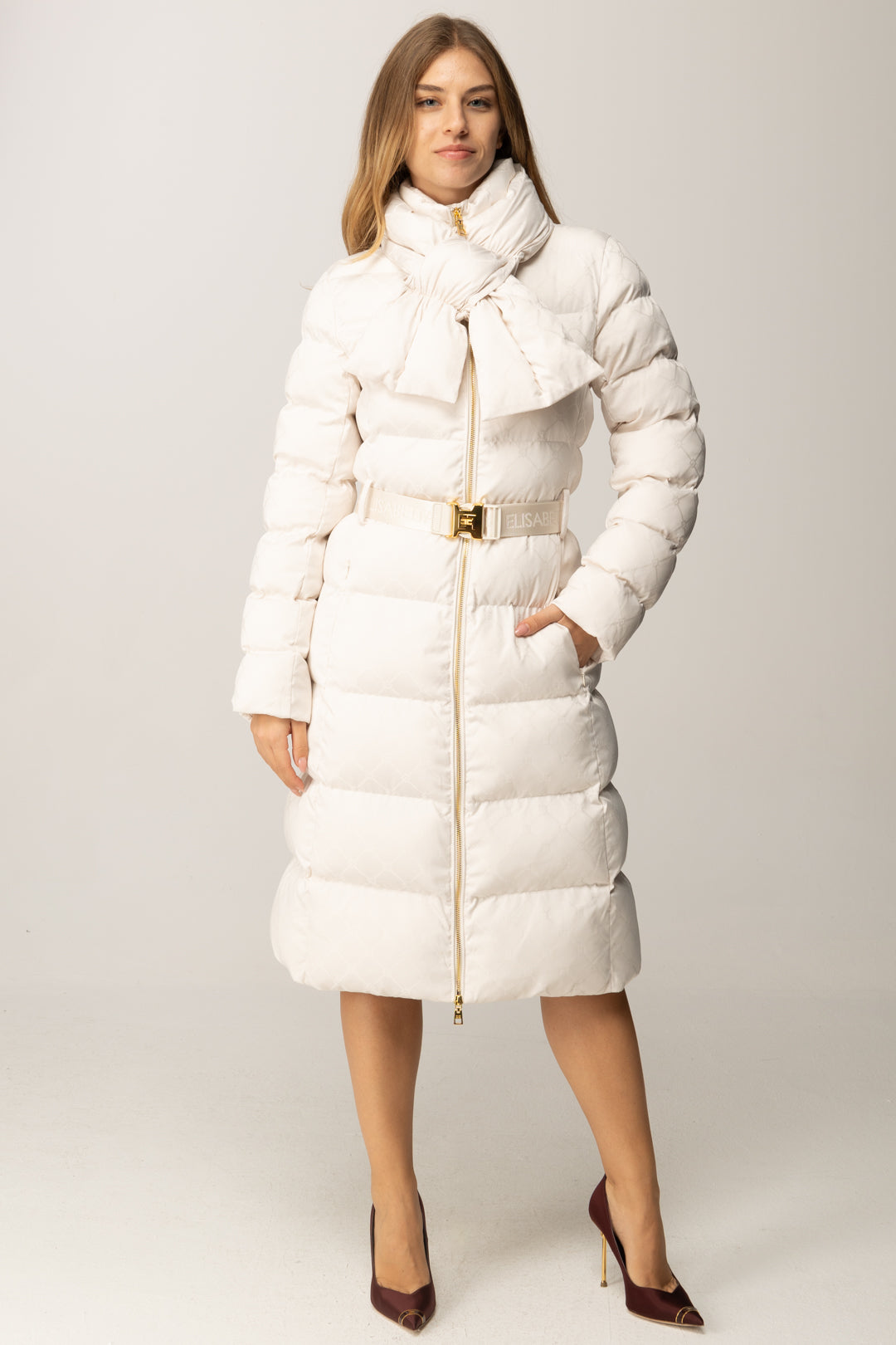 Elisabetta Franchi Piumino Lungo con Cintura e Collo Sciarpa PI84D56E2 MILK