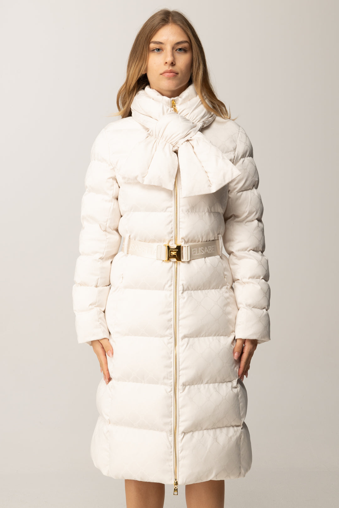 Elisabetta Franchi Piumino Lungo con Cintura e Collo Sciarpa PI84D56E2 MILK