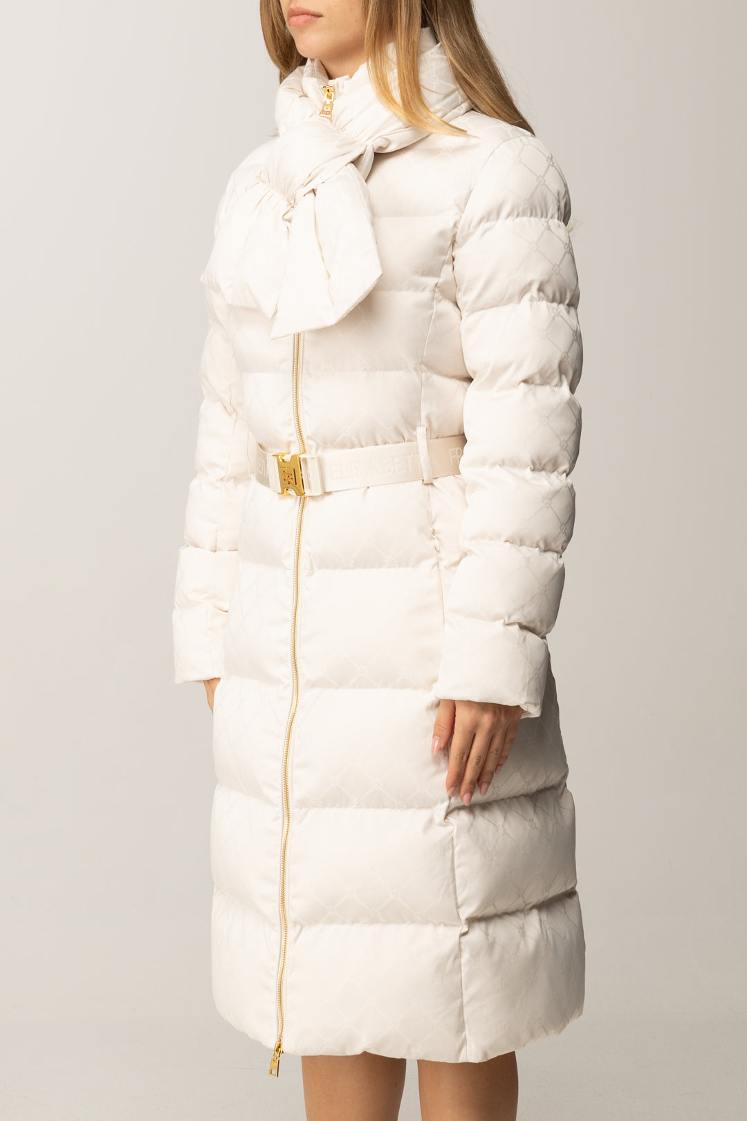 Elisabetta Franchi Piumino Lungo con Cintura e Collo Sciarpa PI84D56E2 MILK