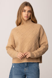 Elisabetta Franchi Pullover In Maglia con Motivo Losanghe Jacquard MK55T57E2 HONEY