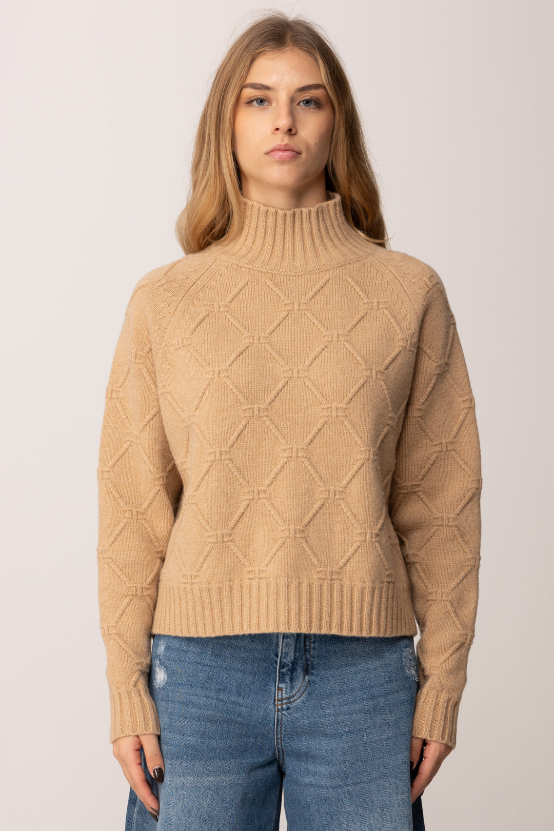 Elisabetta Franchi Pullover In Maglia con Motivo Losanghe Jacquard MK55T57E2 HONEY