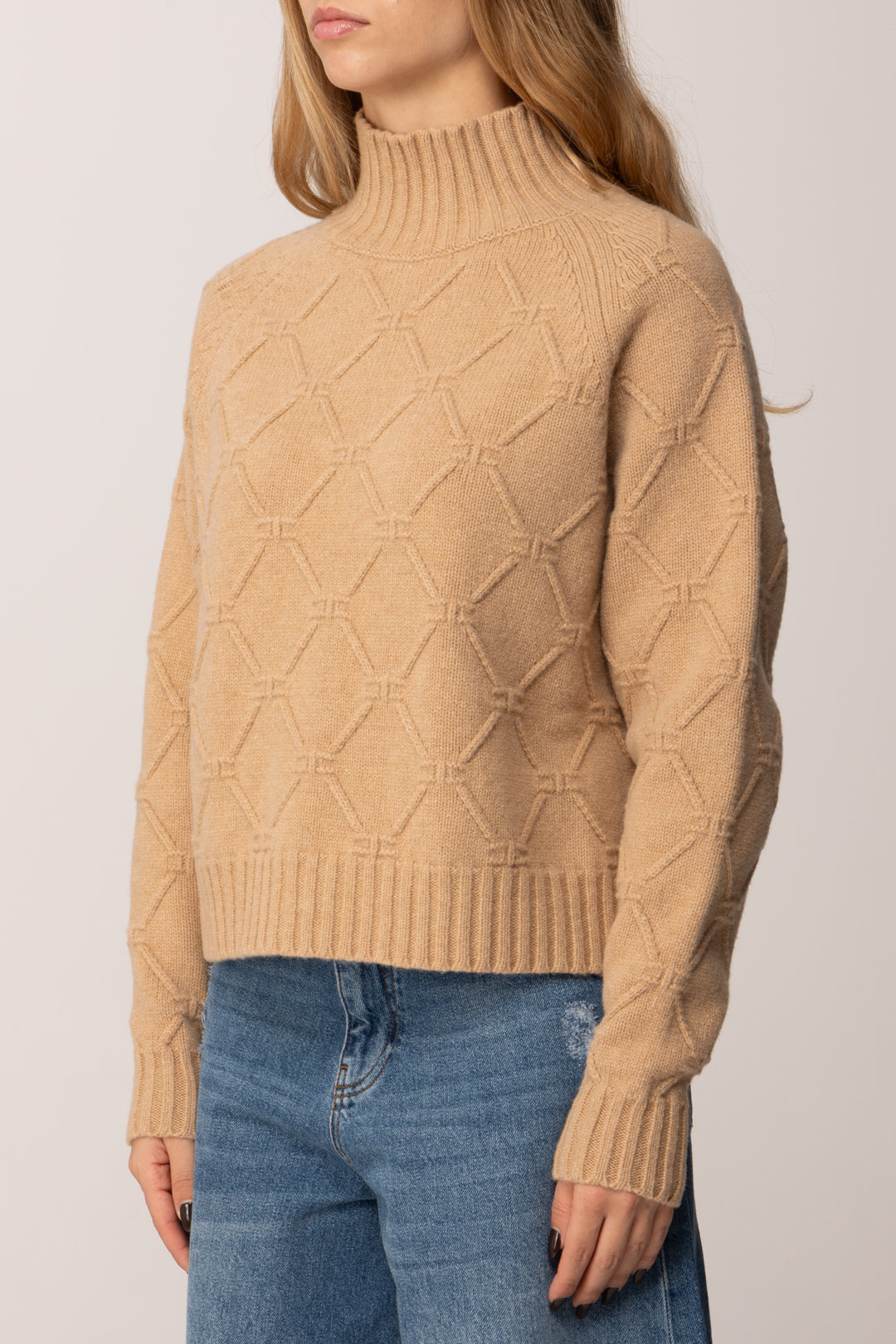 Elisabetta Franchi Pullover In Maglia con Motivo Losanghe Jacquard MK55T57E2 HONEY