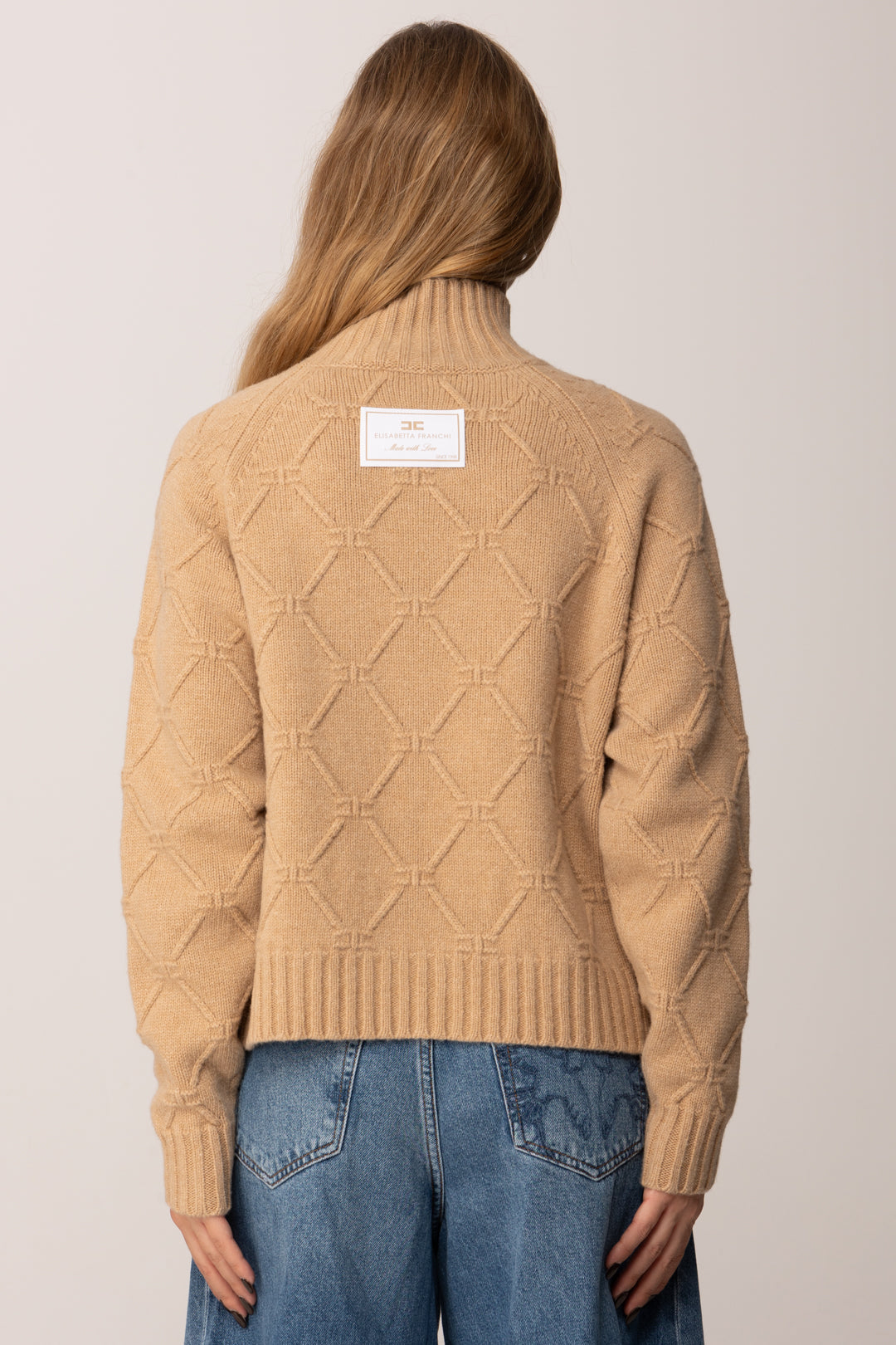 Elisabetta Franchi Pullover In Maglia con Motivo Losanghe Jacquard MK55T57E2 HONEY