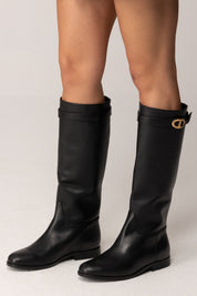 Twin-set Stivale Alto Flat In Pelle con Logo 252TCP19C NERO