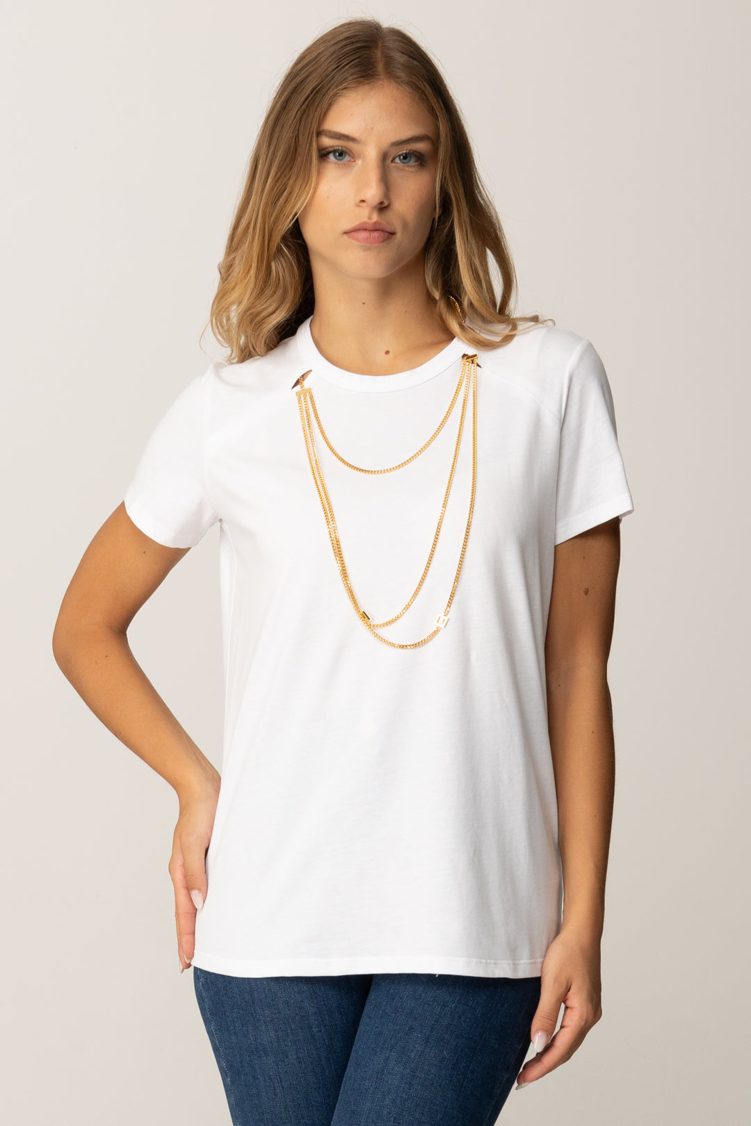 Elisabetta Franchi T-shirt Girocollo con Collana Multifilo MA00956E2 GESSO