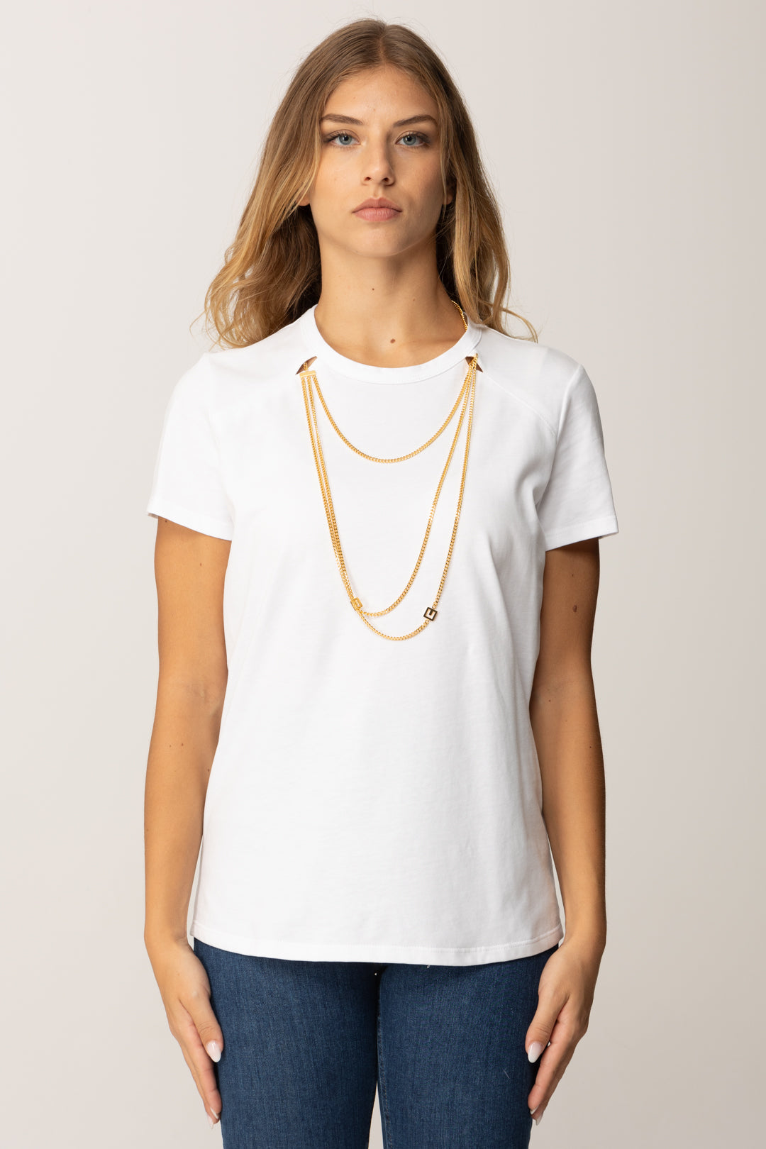 Elisabetta Franchi T-shirt Girocollo con Collana Multifilo MA00956E2 GESSO