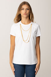 Elisabetta Franchi T-shirt Girocollo con Collana Multifilo MA00956E2 GESSO