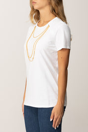 Elisabetta Franchi T-shirt Girocollo con Collana Multifilo MA00956E2 GESSO