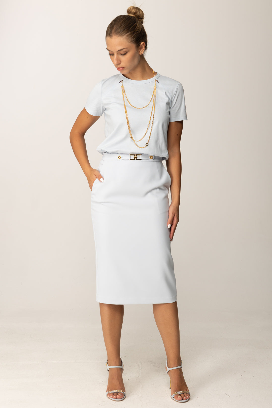 Elisabetta Franchi T-shirt Girocollo con Collana Multifilo MA00956E2 STARLIGHT