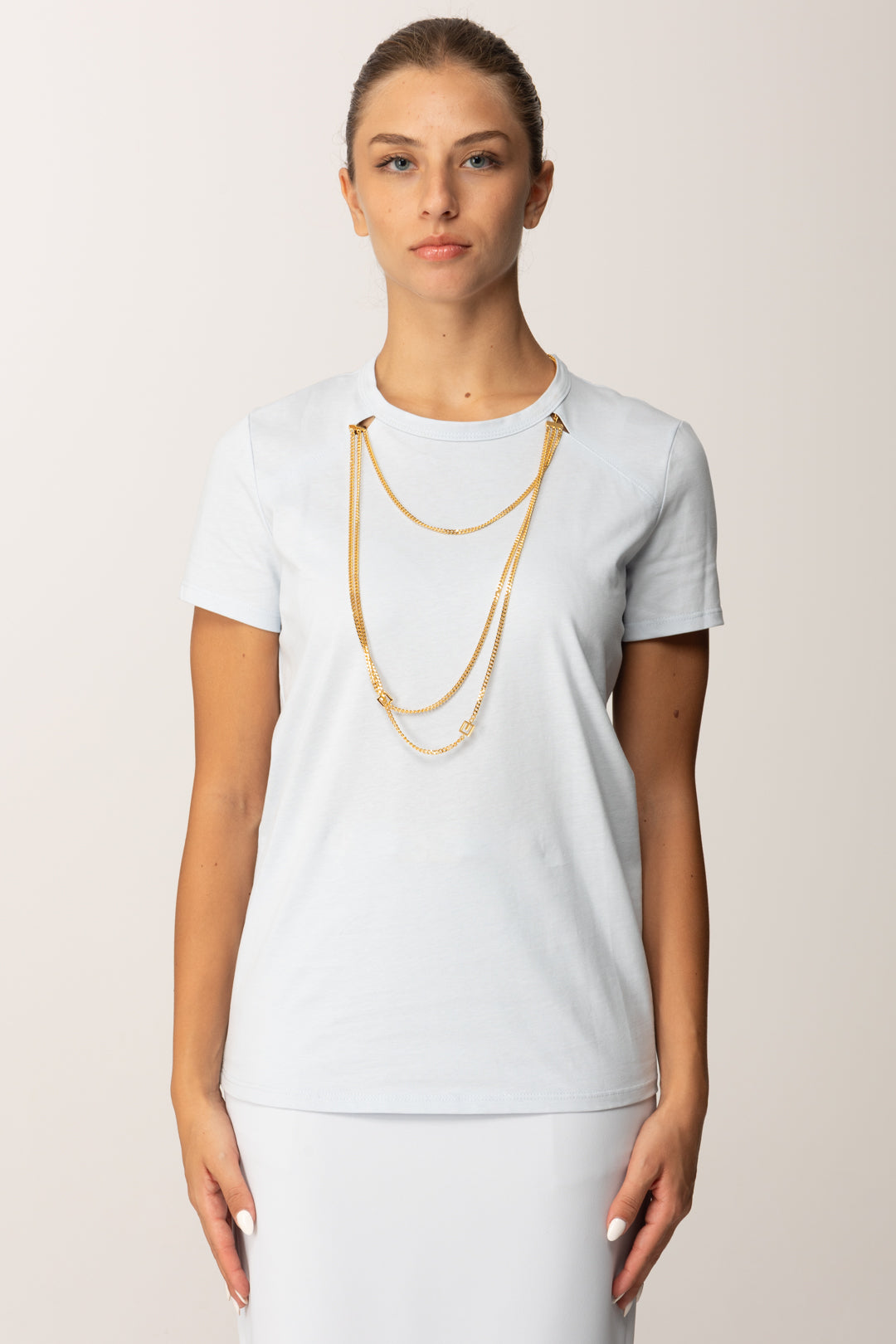 Elisabetta Franchi T-shirt Girocollo con Collana Multifilo MA00956E2 STARLIGHT