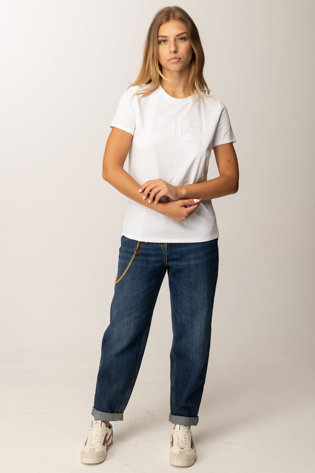 Elisabetta Franchi T-shirt Girocollo con Logo Ricamato MA00756E2 GESSO