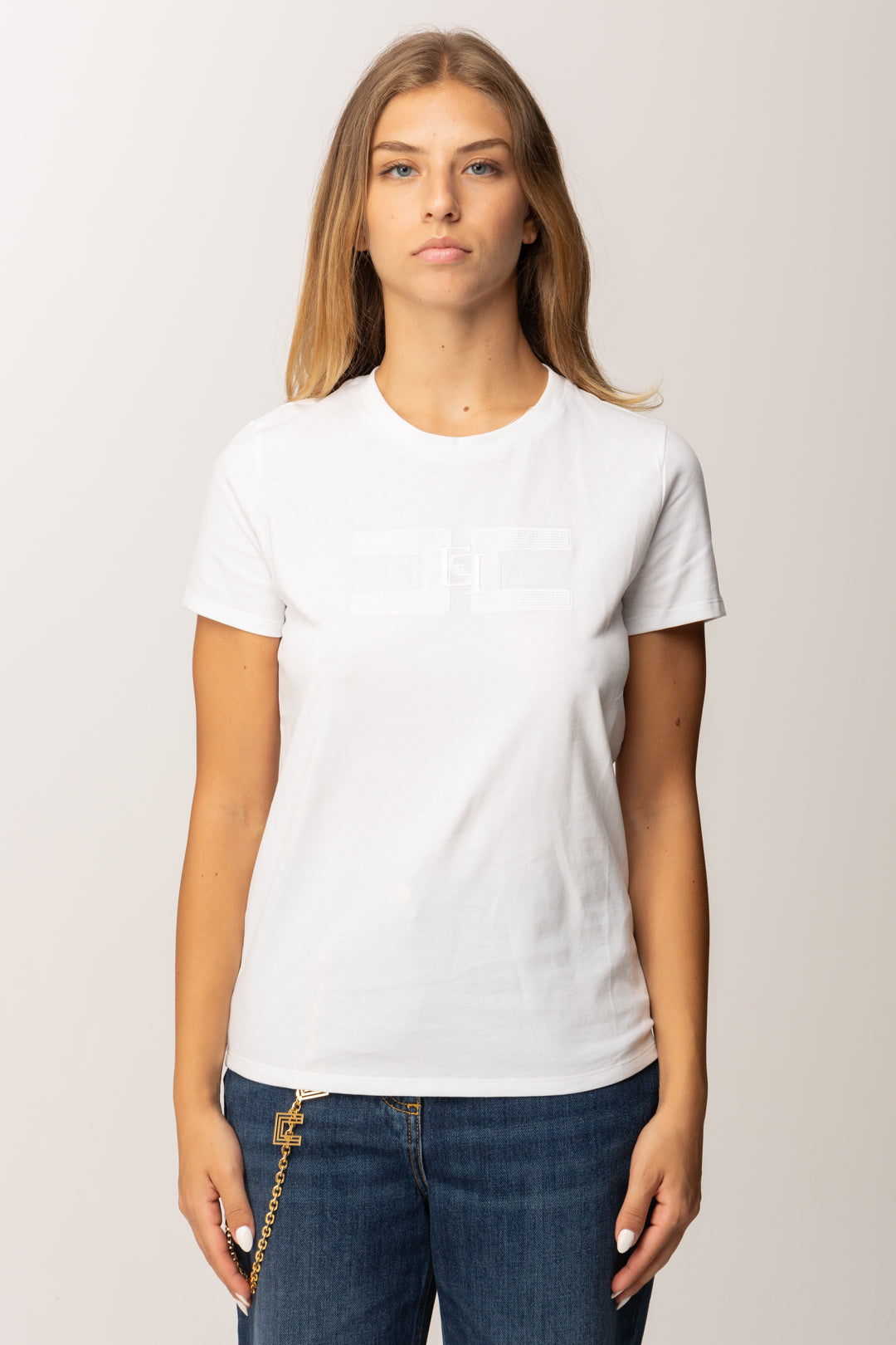 Elisabetta Franchi T-shirt Girocollo con Logo Ricamato MA00756E2 GESSO