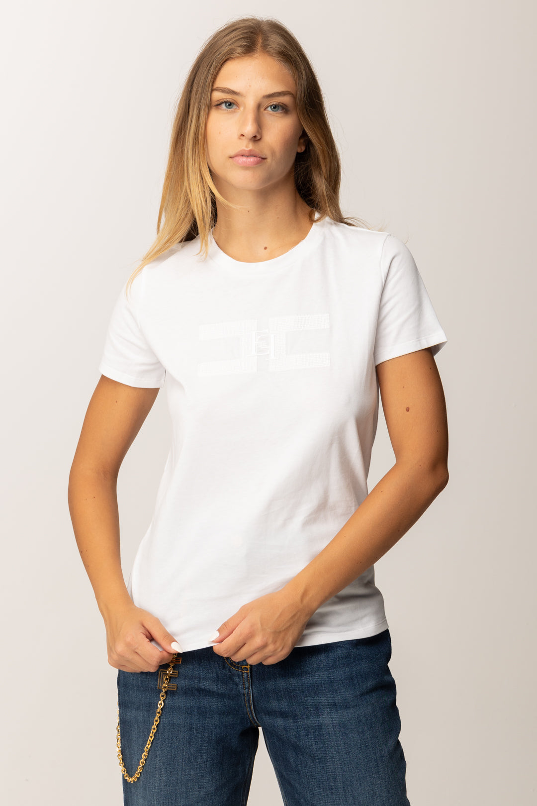 Elisabetta Franchi T-shirt Girocollo con Logo Ricamato MA00756E2 GESSO