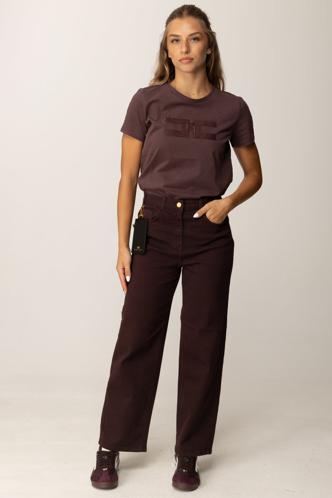 Elisabetta Franchi T-shirt Girocollo con Logo Ricamato MA00756E2 MERLOT