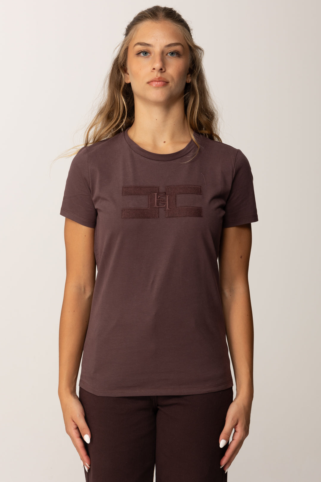 Elisabetta Franchi T-shirt Girocollo con Logo Ricamato MA00756E2 MERLOT