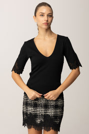Twinset T-shirt In Costina con Dettagli In Pizzo 252TT2170 NERO