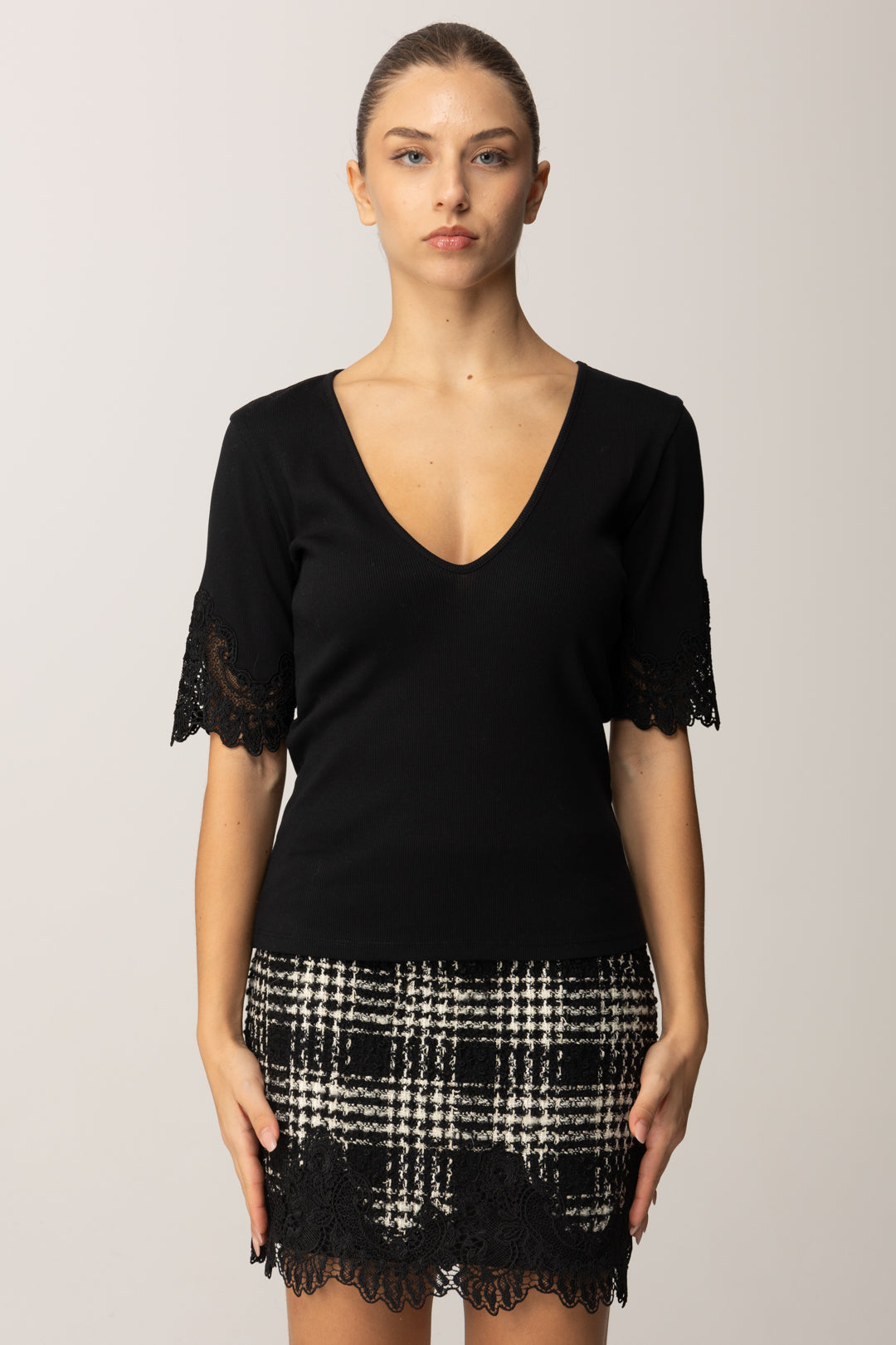 Twinset T-shirt In Costina con Dettagli In Pizzo 252TT2170 NERO