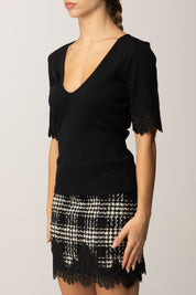 Twinset T-shirt In Costina con Dettagli In Pizzo 252TT2170 NERO