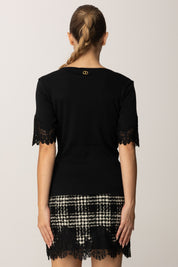 Twinset T-shirt In Costina con Dettagli In Pizzo 252TT2170 NERO