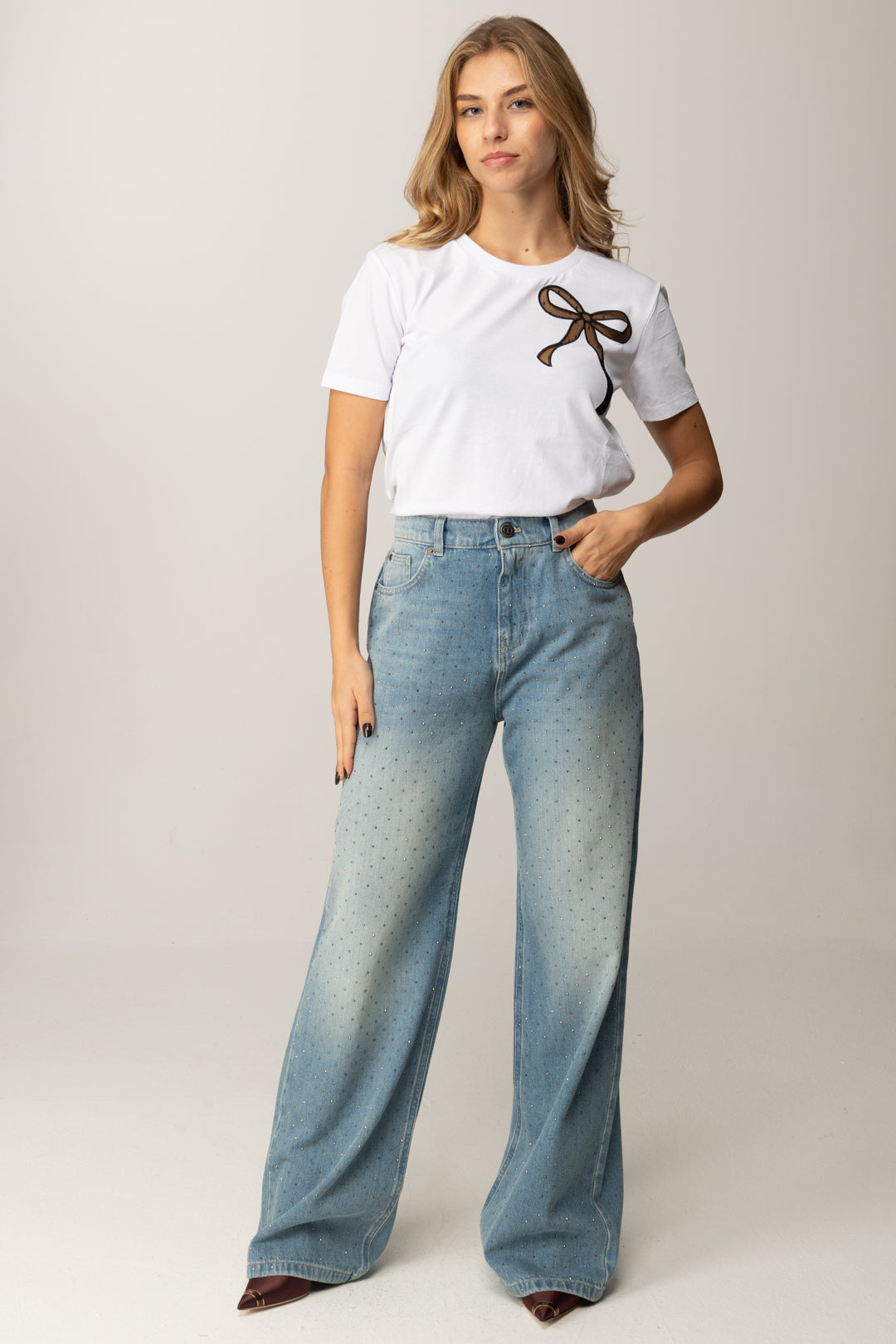 Twin-set T-shirt In Cotone con Ricamo Fiocco 252TT2312 BIC.OTTICO/NERO