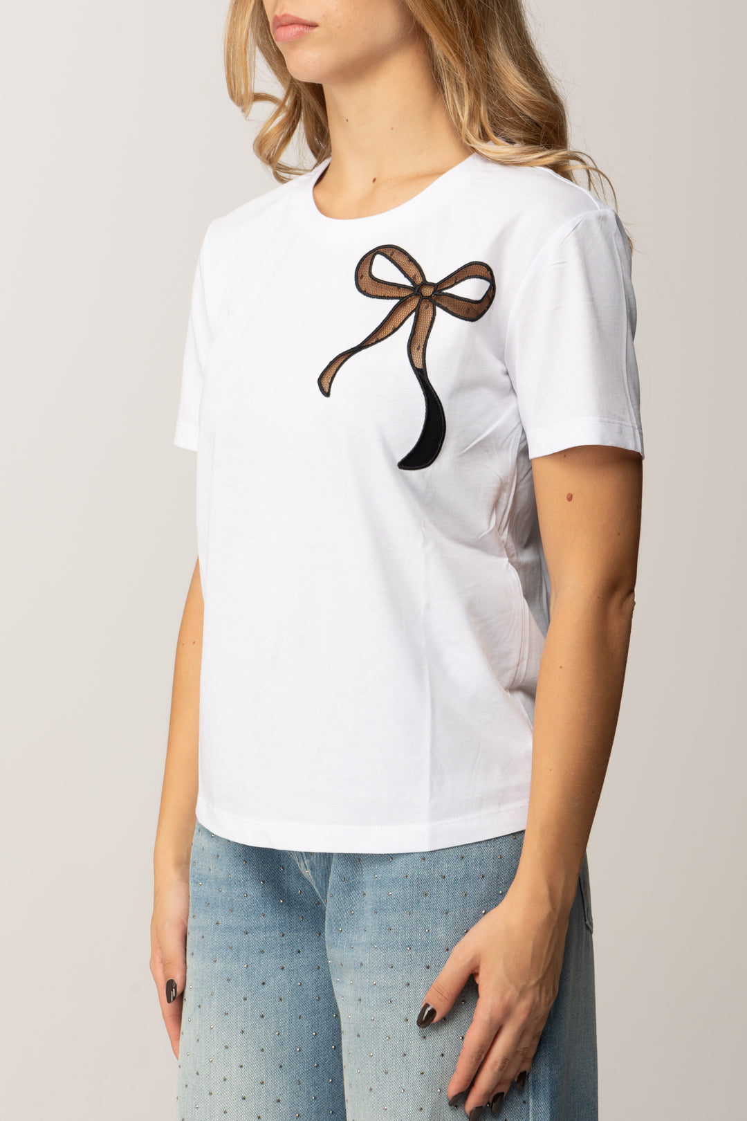 Twin-set T-shirt In Cotone con Ricamo Fiocco 252TT2312 BIC.OTTICO/NERO