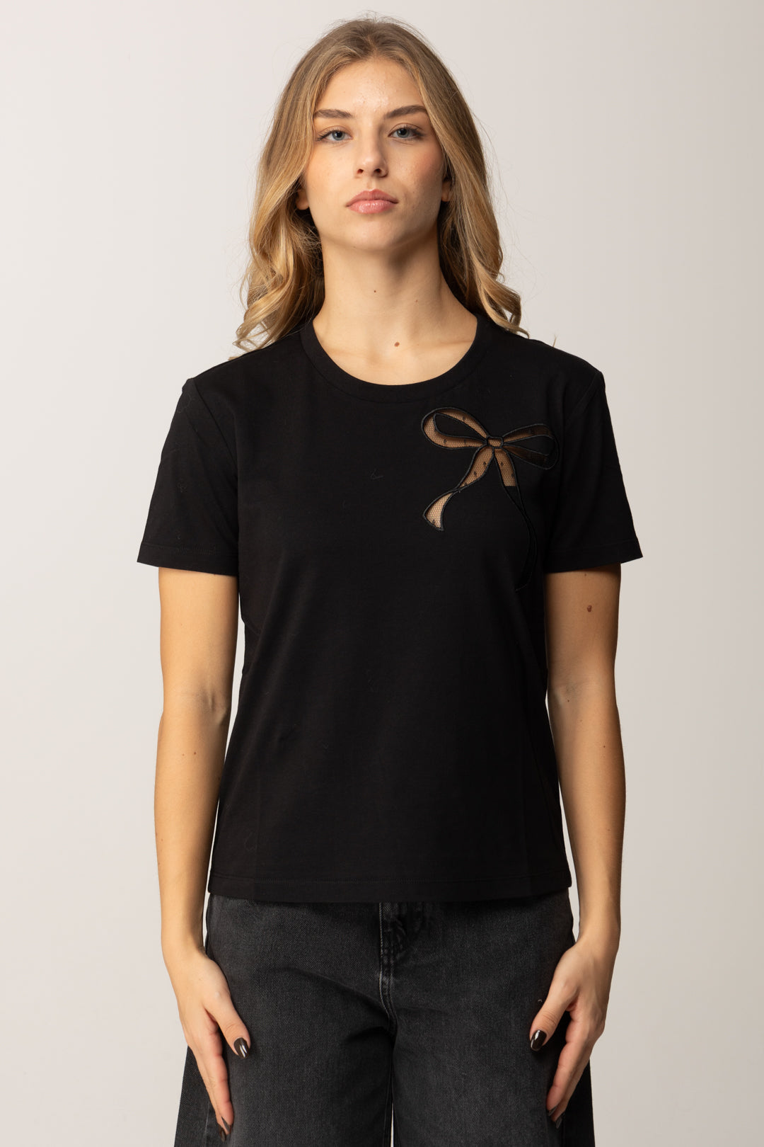 Twinset T-shirt In Cotone con Ricamo Fiocco 252TT2312 NERO