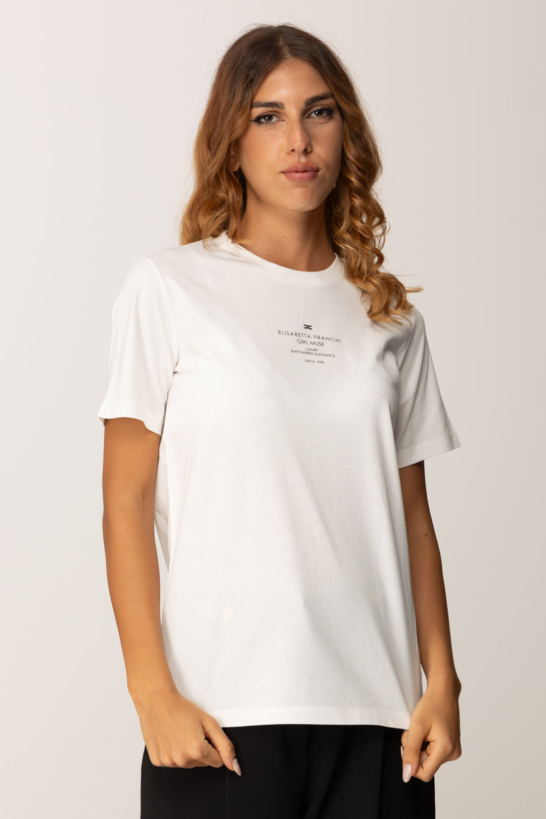 Elisabetta Franchi T-shirt In Jersey Di Cotone con Stampa Scritta MA63D56E2 GESSO