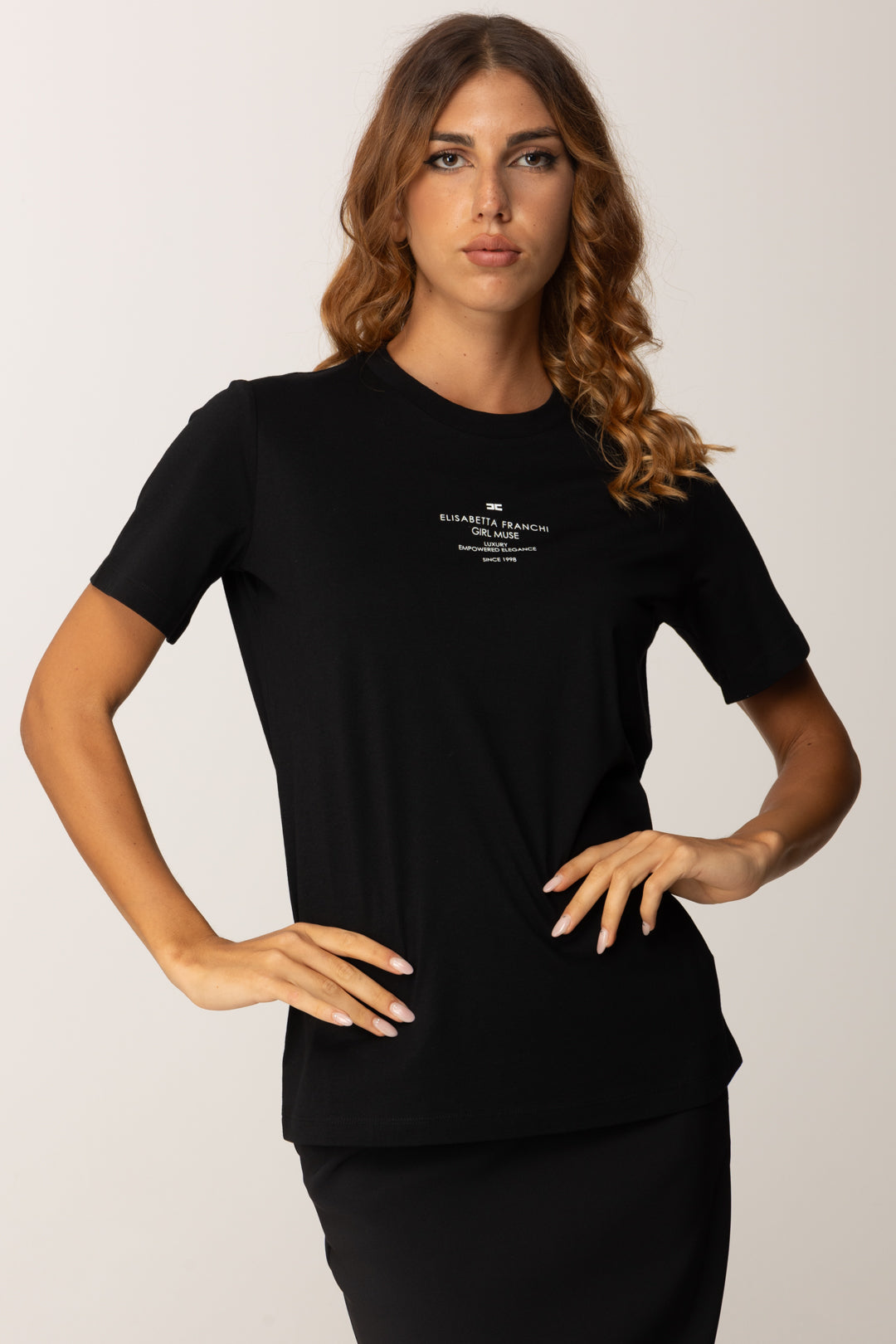 Elisabetta Franchi T-shirt In Jersey Di Cotone con Stampa Scritta MA63D56E2 NERO