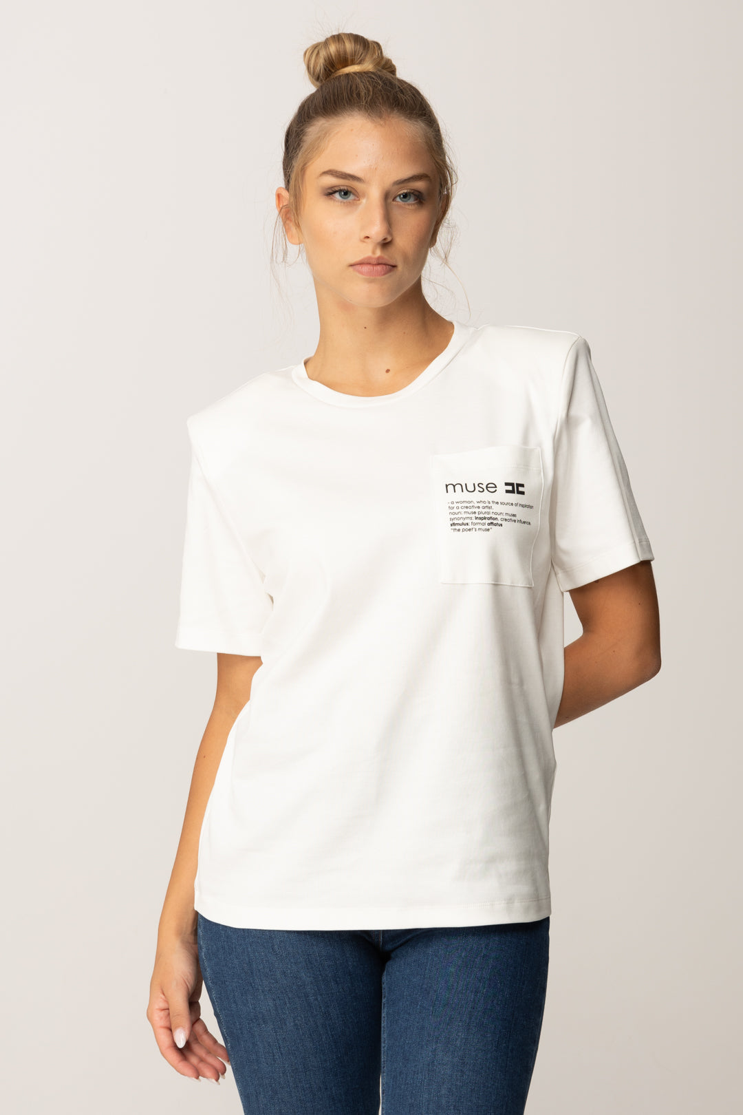 Elisabetta Franchi T-shirt In Jersey con Taschino Stampato MA02056E2 GESSO