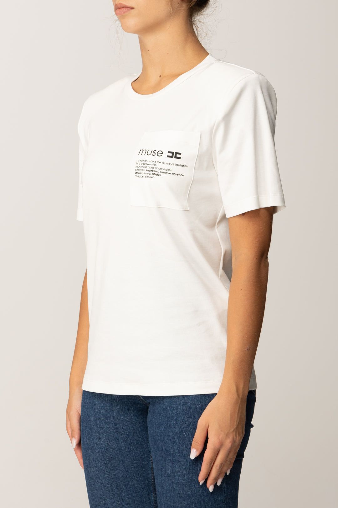 Elisabetta Franchi T-shirt In Jersey con Taschino Stampato MA02056E2 GESSO