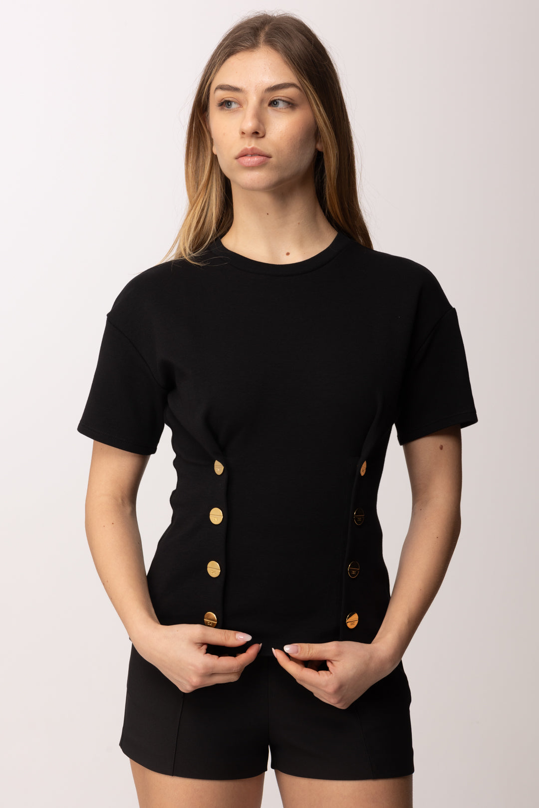 Elisabetta Franchi T-shirt In Maglia con Bottoni Decorativi MA00461E2 NERO