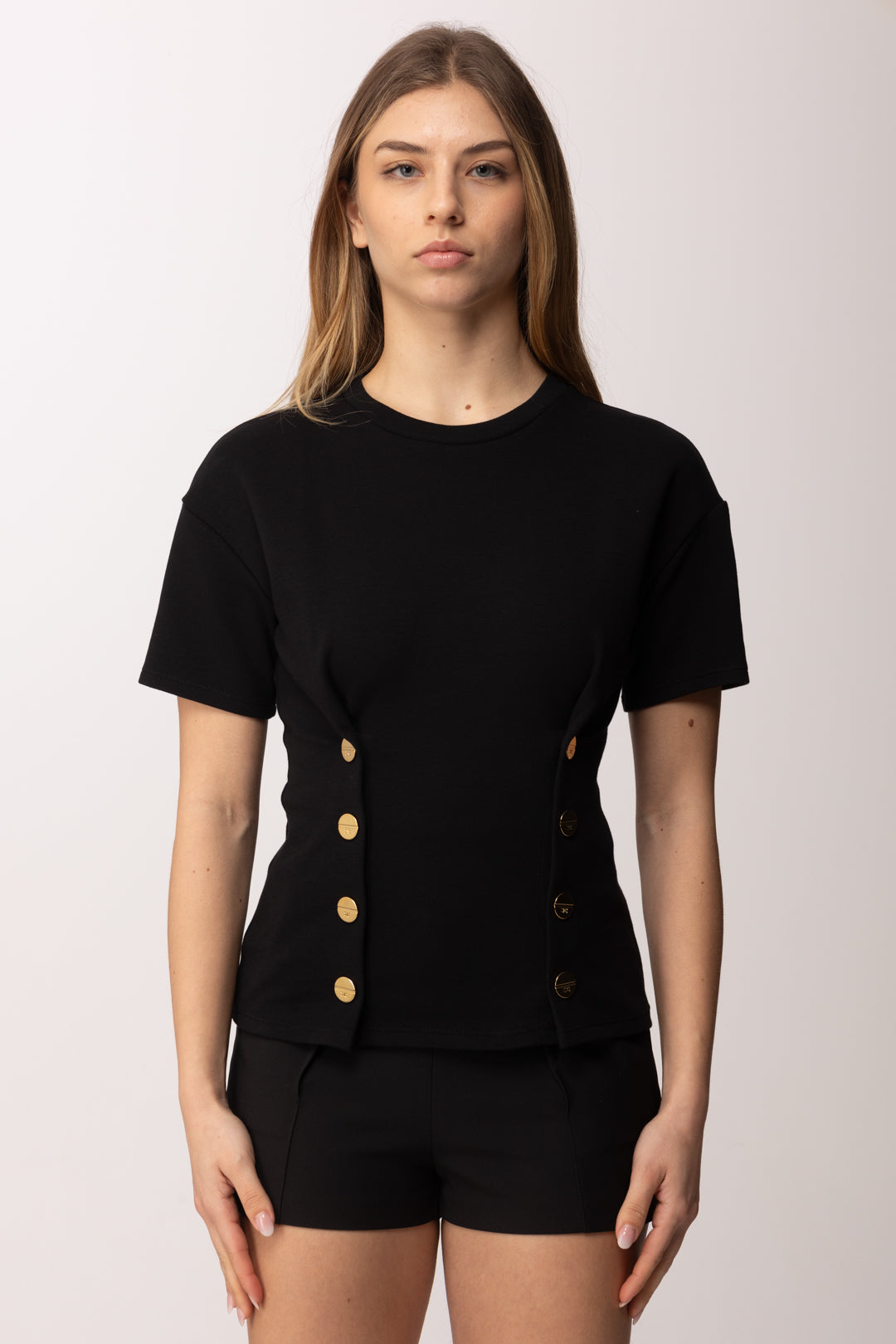 Elisabetta Franchi T-shirt In Maglia con Bottoni Decorativi MA00461E2 NERO