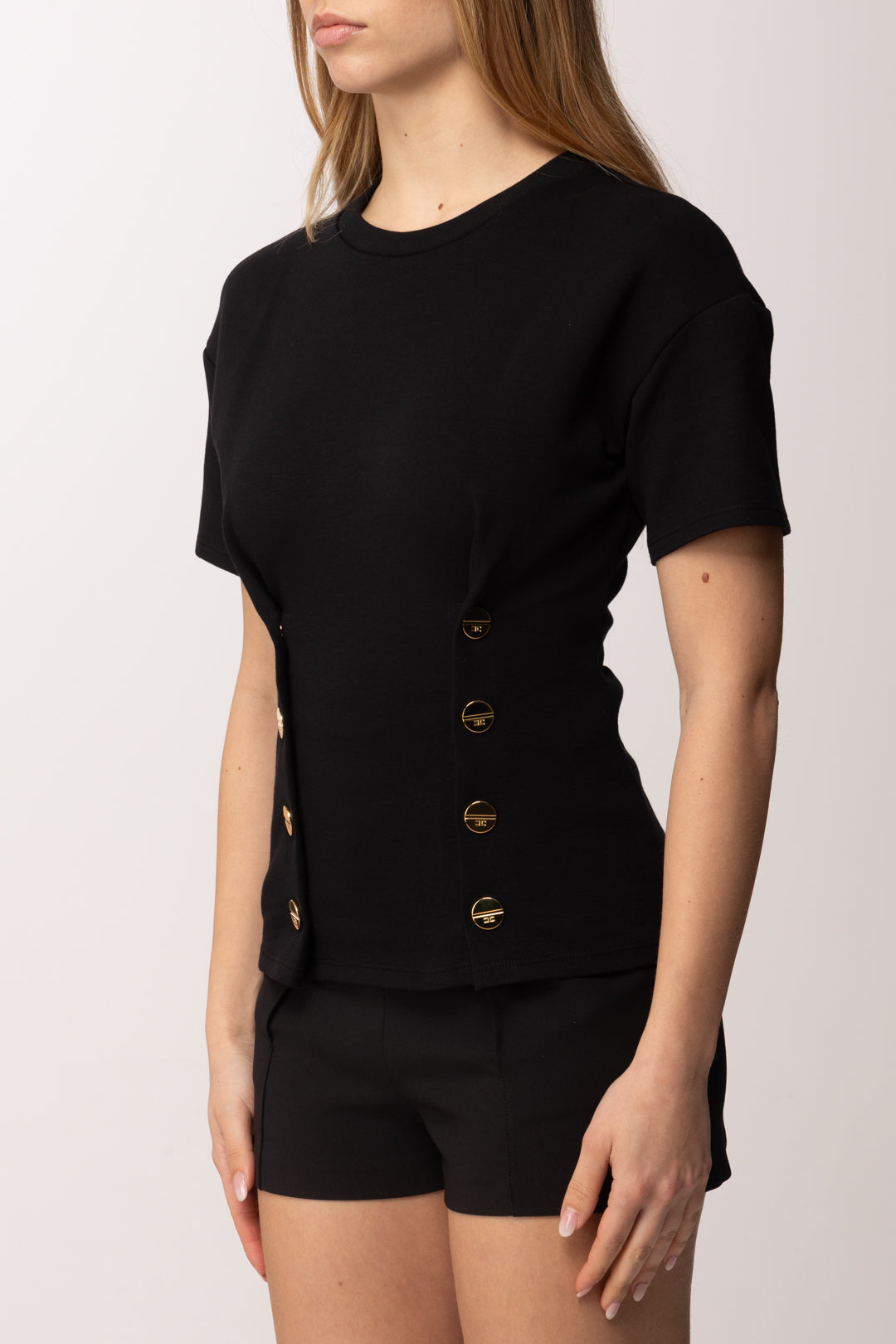 Elisabetta Franchi T-shirt In Maglia con Bottoni Decorativi MA00461E2 NERO